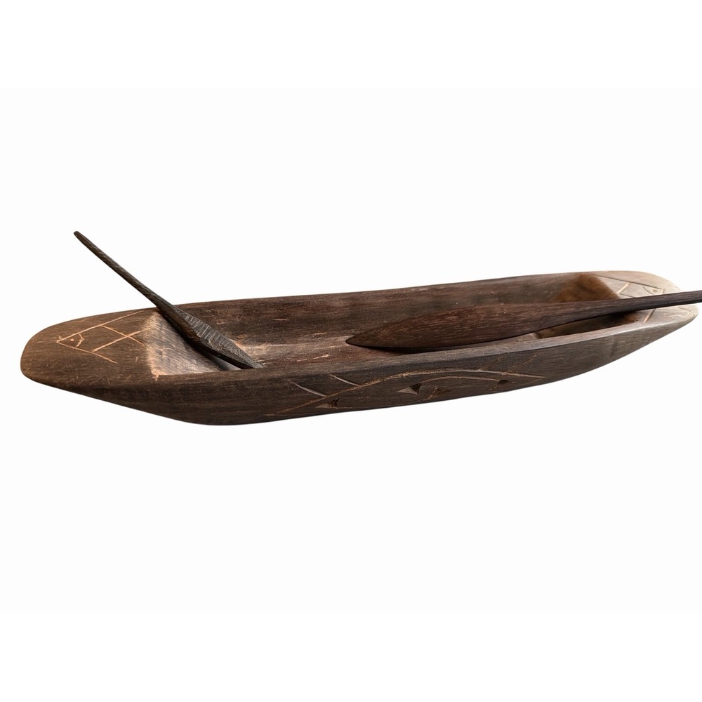 Vintage Hand-Carved Wooden Canoe with Oars and Steering Paddle - Folk Art Decor